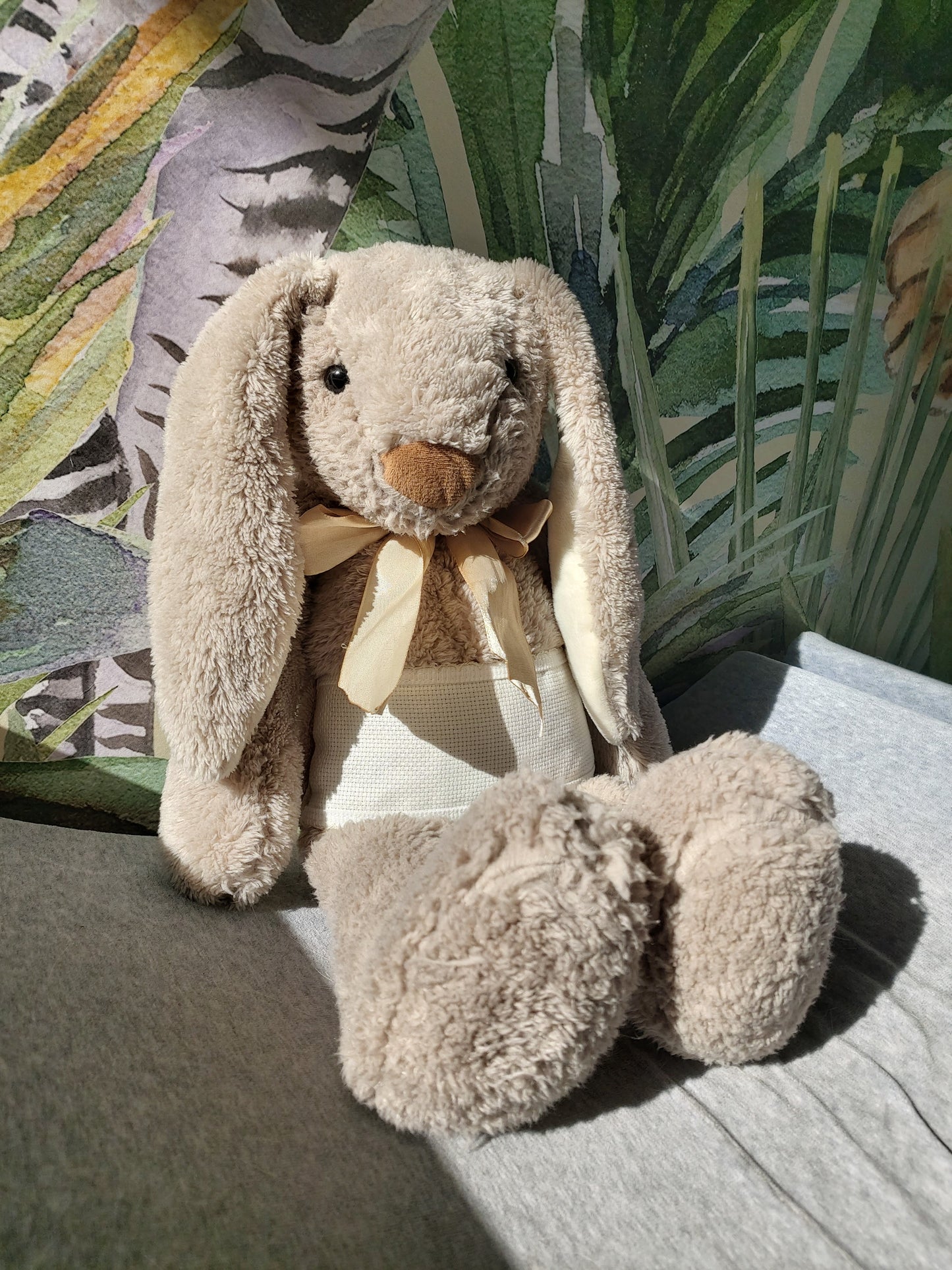 Doudou Lapin gris 38cm - ruban doré