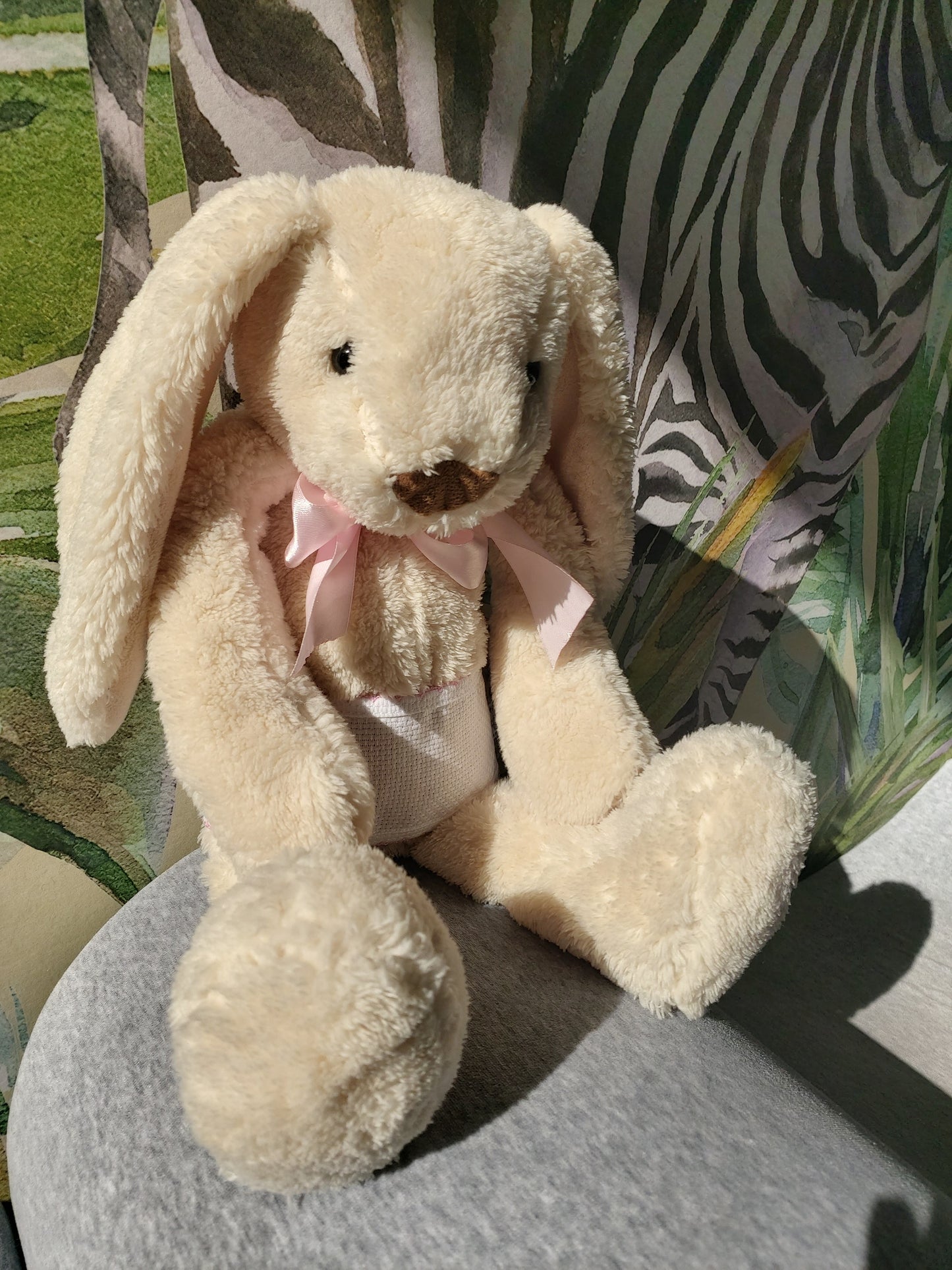 Doudou Lapin beige 38cm - ruban rose