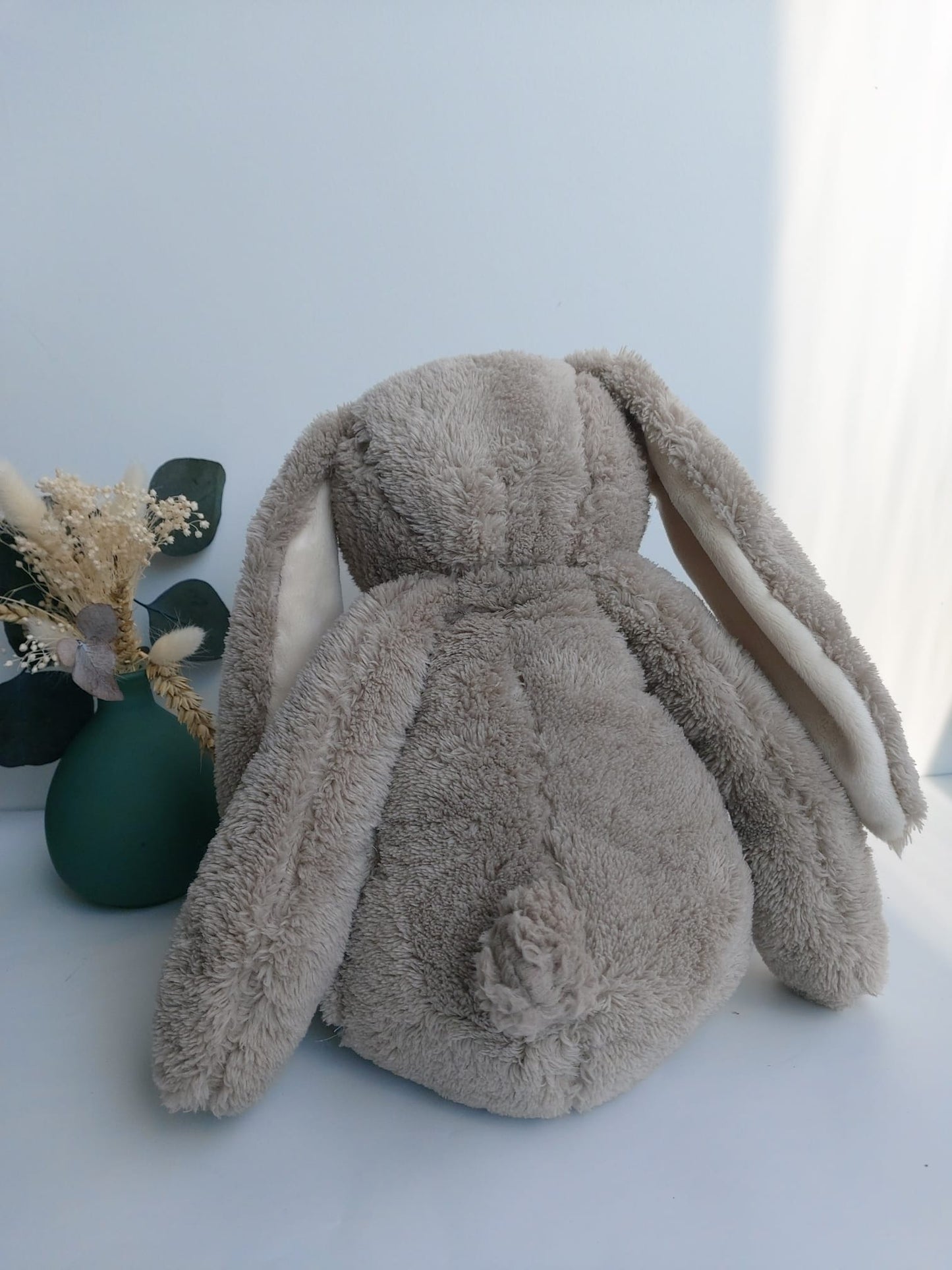 Doudou Lapin gris 38cm - ruban rose