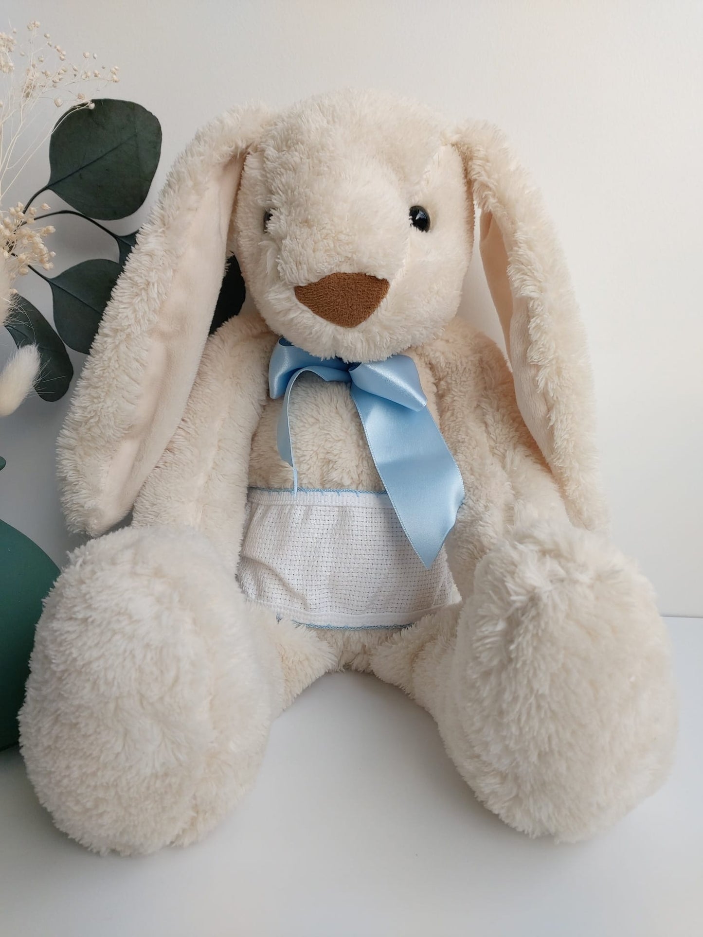 Doudou Lapin beige 38cm - ruban bleu