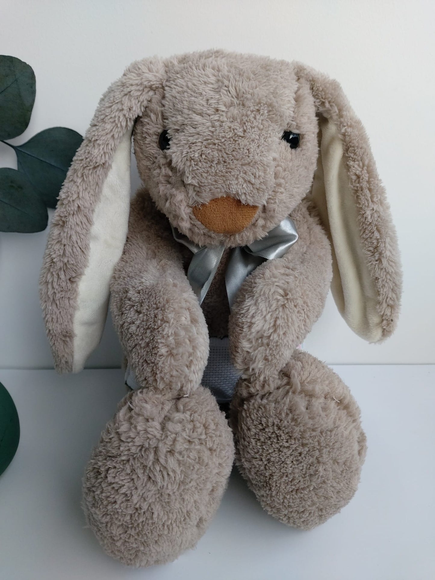 Doudou Lapin gris 38cm - ruban gris