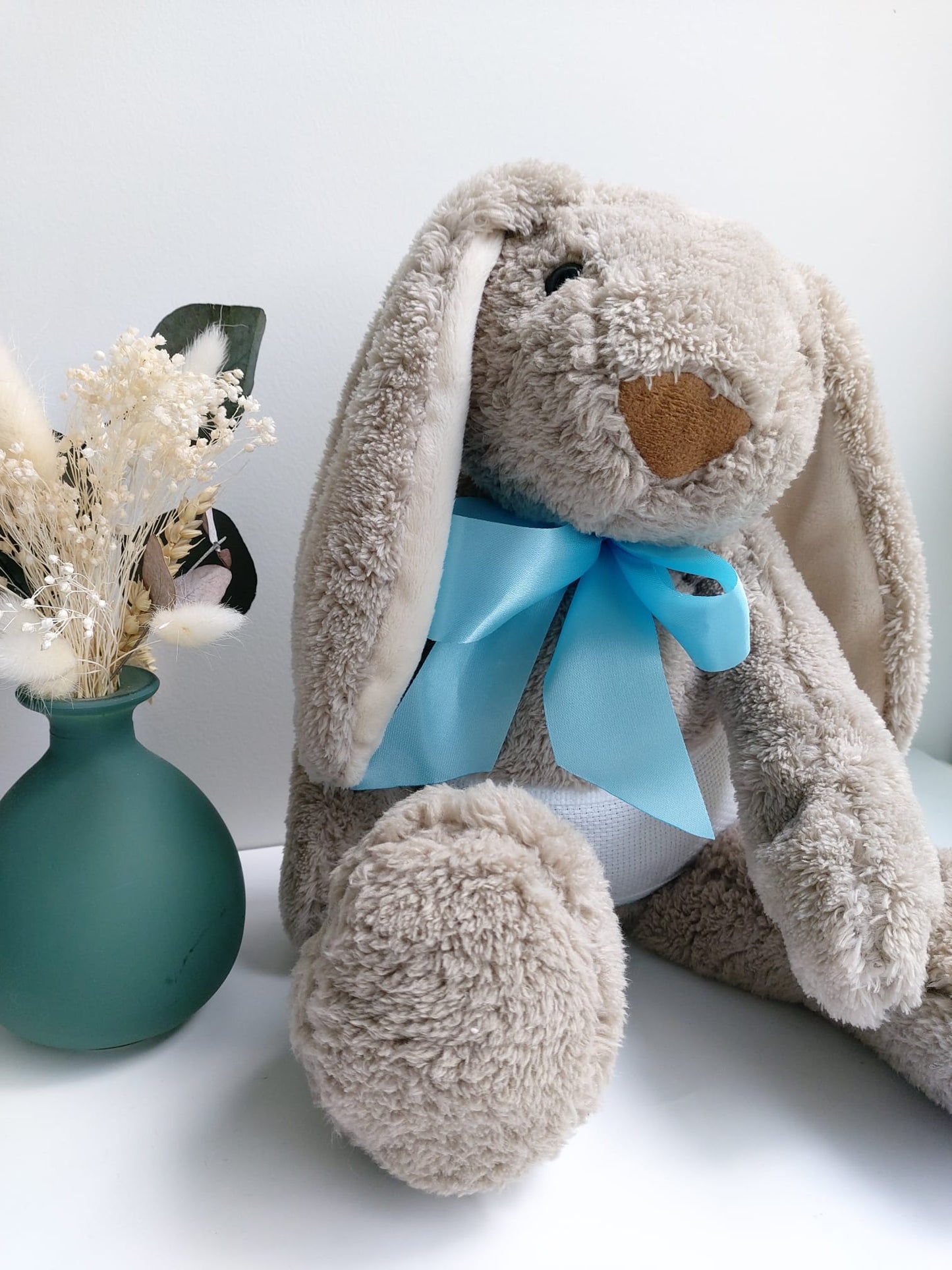 Doudou Lapin gris 38cm - ruban bleu