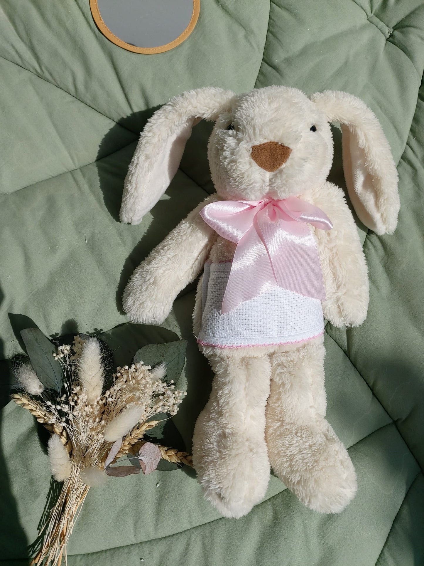 Doudou Lapin beige 28cm - ruban rose clair