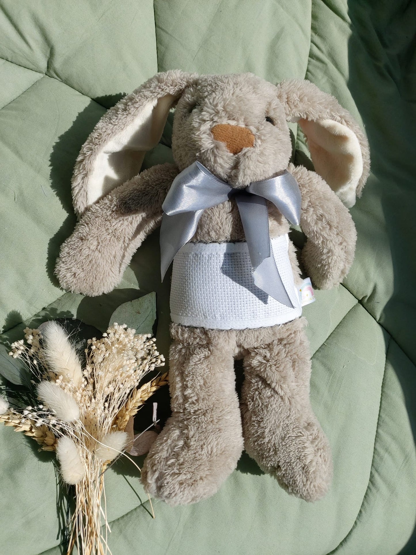 Doudou Lapin gris 28cm - ruban gris