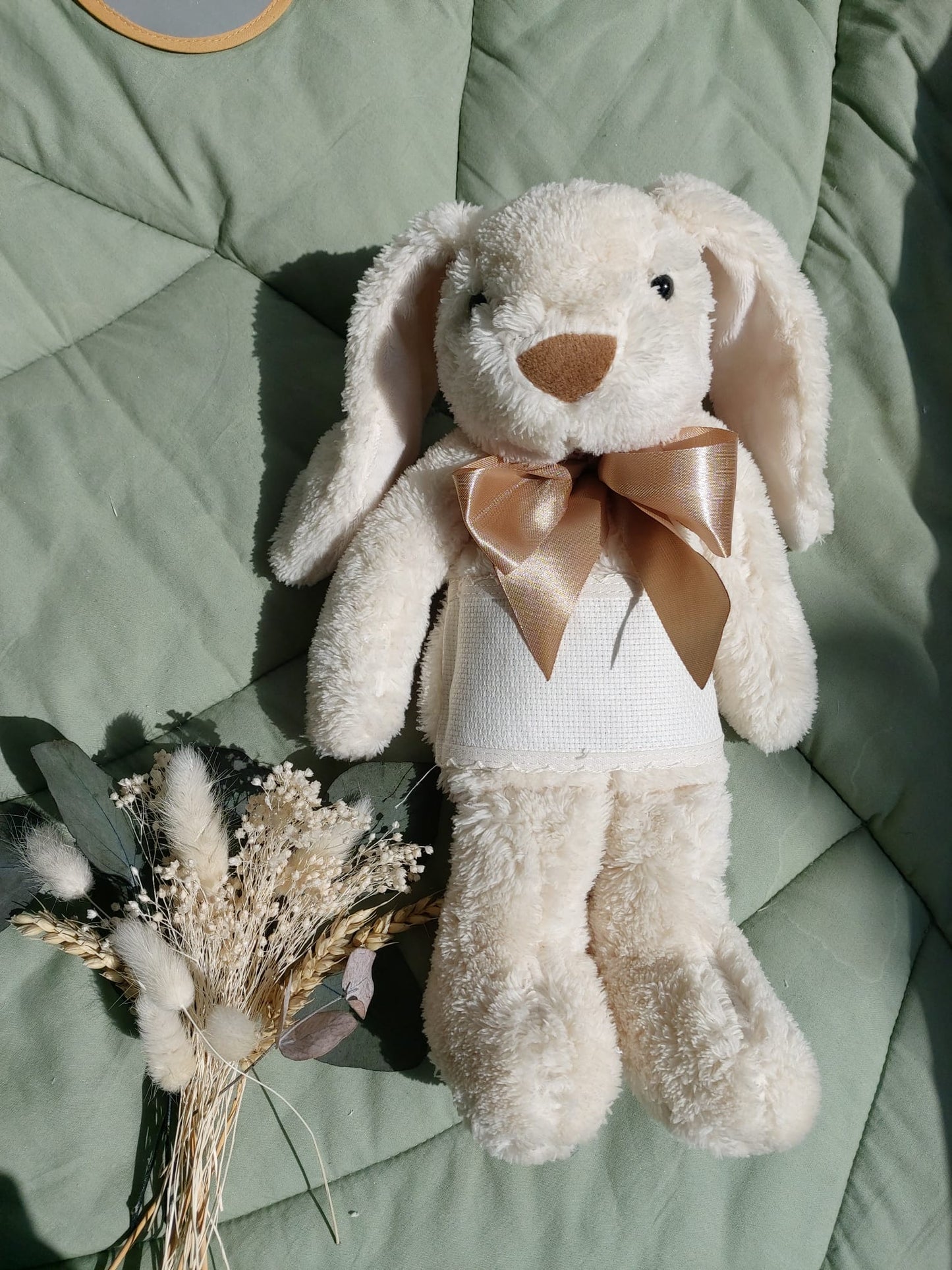 Doudou Lapin beige 28cm - ruban doré