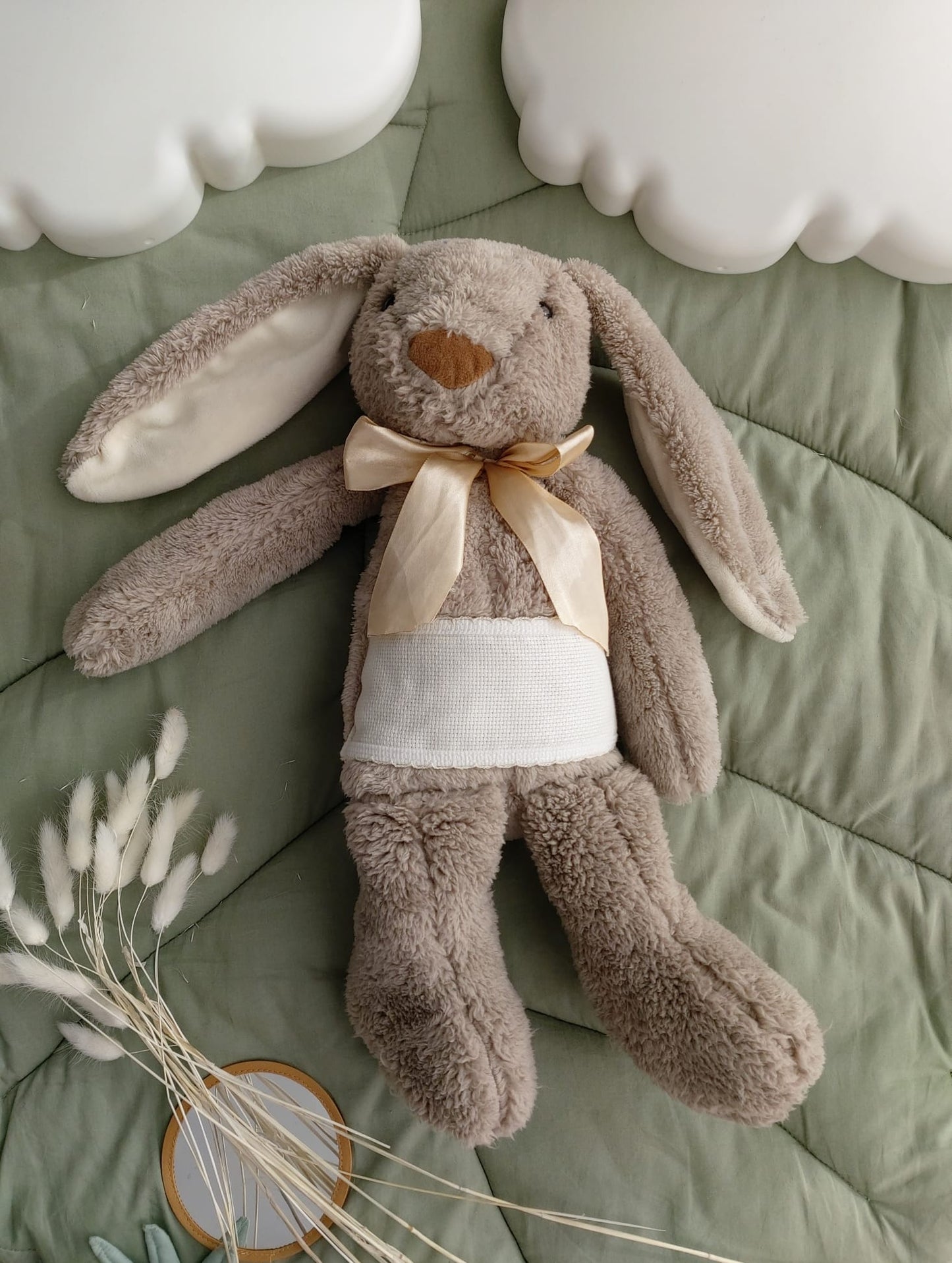 Doudou Lapin gris 38cm - ruban doré