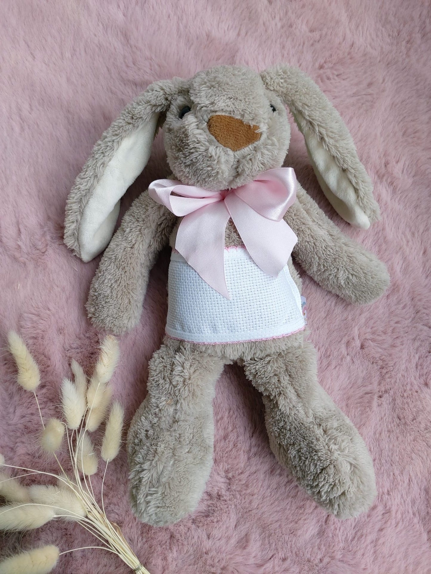 Doudou Lapin gris 28cm - ruban rose