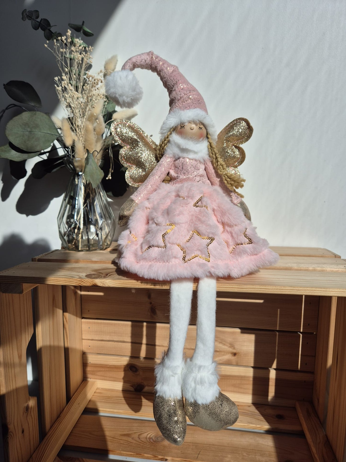 Poupée Jade assise  - Rose velours étoiles