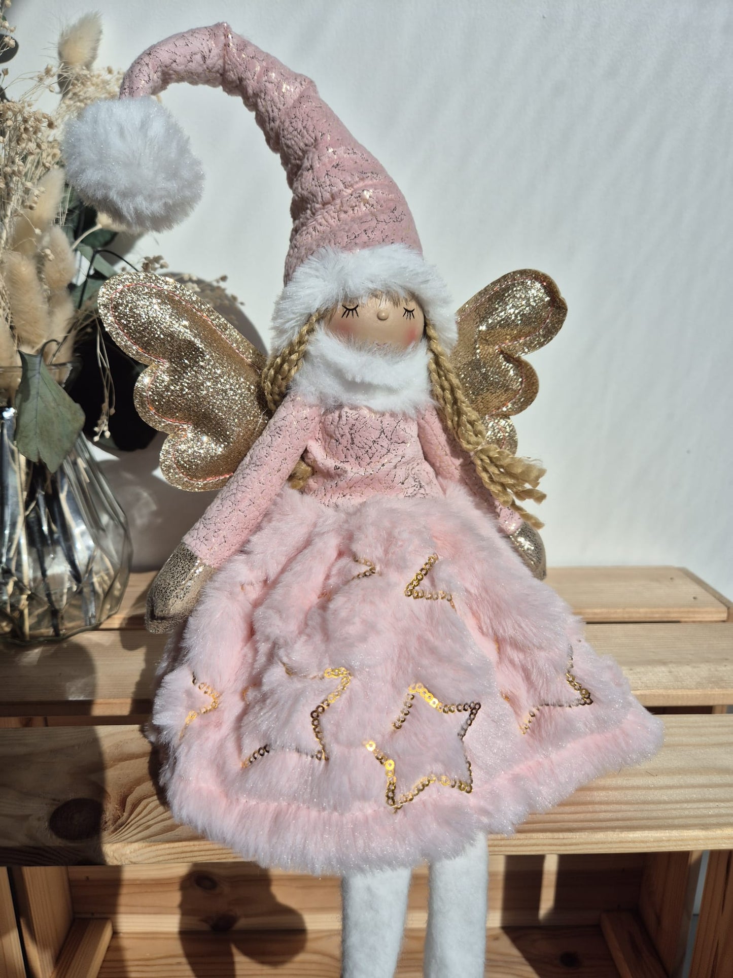 Poupée Jade assise  - Rose velours étoiles